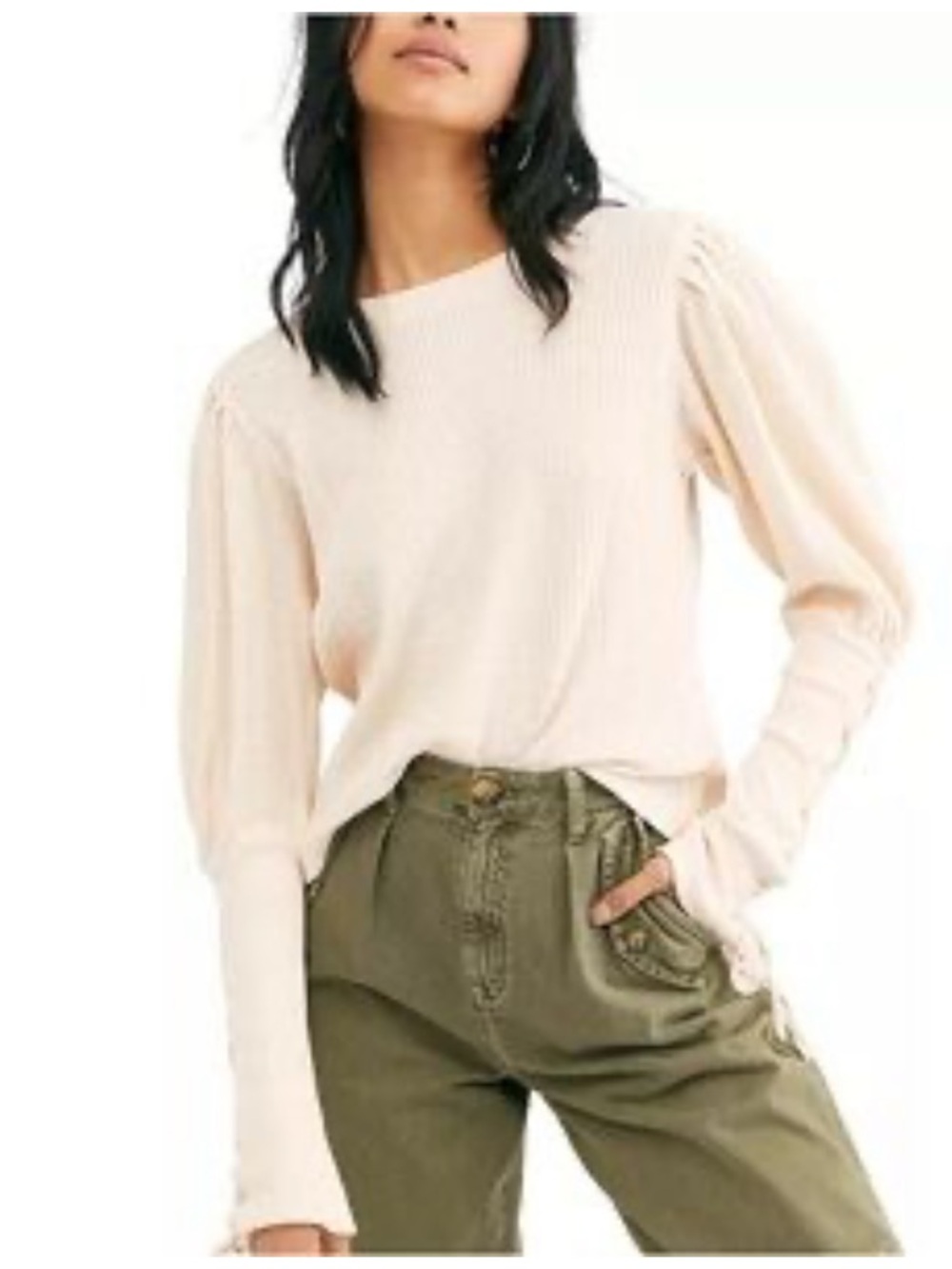 Free People Cream Long Sleeve Waffle Weave Lace Up Sleeve Sweater Size XL Boho